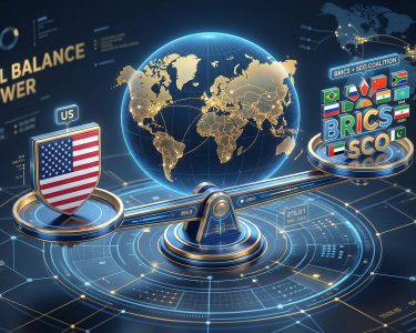 Ilustrasi persaingan pengaruh geopolitik antara blok BRICS, SCO, dan Amerika Serikat dalam tatanan dunia multipolar.