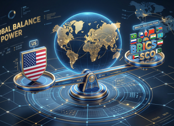 Ilustrasi persaingan pengaruh geopolitik antara blok BRICS, SCO, dan Amerika Serikat dalam tatanan dunia multipolar.