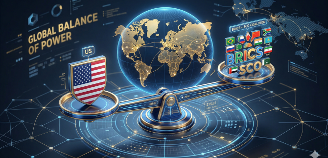 Ilustrasi persaingan pengaruh geopolitik antara blok BRICS, SCO, dan Amerika Serikat dalam tatanan dunia multipolar.