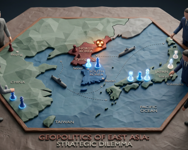 Ilustrasi 3D bergaya tanah liat (claymation) yang menampilkan meja strategi geopolitik heksagonal Asia Timur. Di tengah, peta berlabel Tiongkok, Korea Utara (dengan simbol peringatan nuklir yang menyala), Korea Selatan, Jepang, dan Taiwan. Enam figur pria anonim (diplomat/pemimpin) berdiri di sekeliling meja, memindahkan bidak catur bercahaya merah dan biru yang melambangkan aliansi dan aset strategis. Kota-kota seperti Beijing, Pyongyang, Seoul, dan Tokyo diberi label. Kapal selam miniatur berlayar di perairan. Teks di bagian bawah meja bertuliskan 'GEOPOLITICS OF EAST ASIA: STRATEGIC DILEMMA' (Geopolitik Asia Timur: Dilema Strategis).