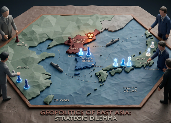Ilustrasi 3D bergaya tanah liat (claymation) yang menampilkan meja strategi geopolitik heksagonal Asia Timur. Di tengah, peta berlabel Tiongkok, Korea Utara (dengan simbol peringatan nuklir yang menyala), Korea Selatan, Jepang, dan Taiwan. Enam figur pria anonim (diplomat/pemimpin) berdiri di sekeliling meja, memindahkan bidak catur bercahaya merah dan biru yang melambangkan aliansi dan aset strategis. Kota-kota seperti Beijing, Pyongyang, Seoul, dan Tokyo diberi label. Kapal selam miniatur berlayar di perairan. Teks di bagian bawah meja bertuliskan 'GEOPOLITICS OF EAST ASIA: STRATEGIC DILEMMA' (Geopolitik Asia Timur: Dilema Strategis).