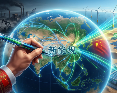 Ilustrasi tangan dengan simbol bendera China menulis di atas globe, menggambarkan transisi dari industri energi fosil yang gelap menuju ekosistem energi bersih dengan panel surya dan turbin angin