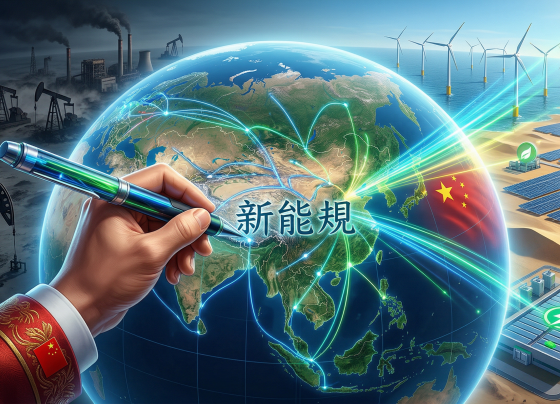 Ilustrasi tangan dengan simbol bendera China menulis di atas globe, menggambarkan transisi dari industri energi fosil yang gelap menuju ekosistem energi bersih dengan panel surya dan turbin angin