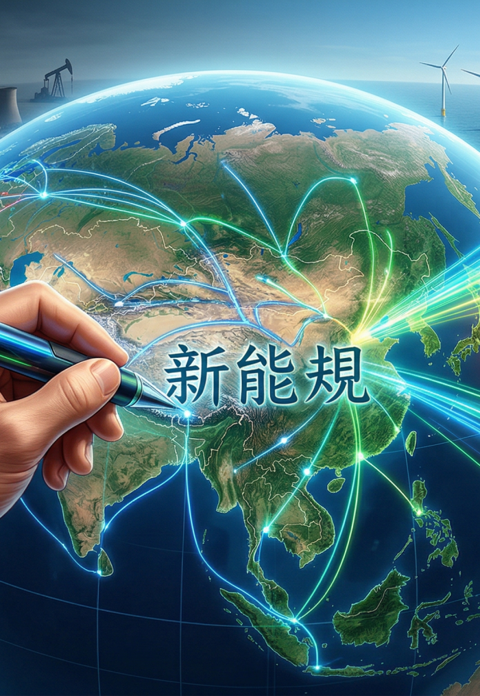 Ilustrasi tangan dengan simbol bendera China menulis di atas globe, menggambarkan transisi dari industri energi fosil yang gelap menuju ekosistem energi bersih dengan panel surya dan turbin angin