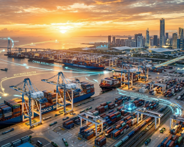 Pemandangan infrastruktur modern Pelabuhan Hainan Free Trade Port dengan kapal kontainer dan rute perdagangan digital.