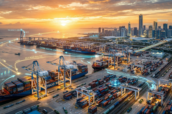 Pemandangan infrastruktur modern Pelabuhan Hainan Free Trade Port dengan kapal kontainer dan rute perdagangan digital.