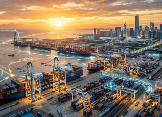 Pemandangan infrastruktur modern Pelabuhan Hainan Free Trade Port dengan kapal kontainer dan rute perdagangan digital.