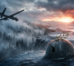 Ilustrasi drone militer di perbatasan dan simbol perdamaian yang rapuh dalam konflik Rusia-Ukraina.
