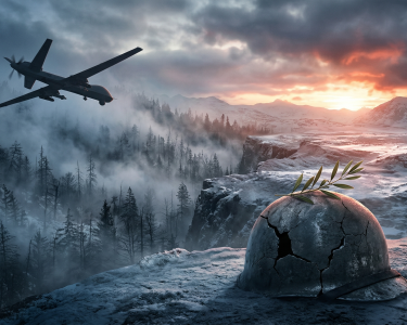 Ilustrasi drone militer di perbatasan dan simbol perdamaian yang rapuh dalam konflik Rusia-Ukraina.