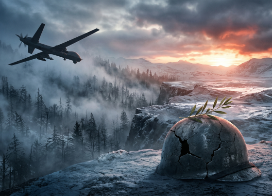 Ilustrasi drone militer di perbatasan dan simbol perdamaian yang rapuh dalam konflik Rusia-Ukraina.