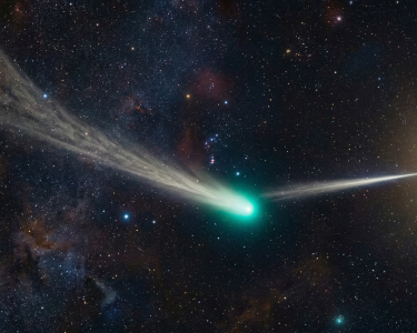 Ilustrasi komet 3i Atlas dengan fenomena anti-tail yang mengarah ke matahari di ruang angkasa.