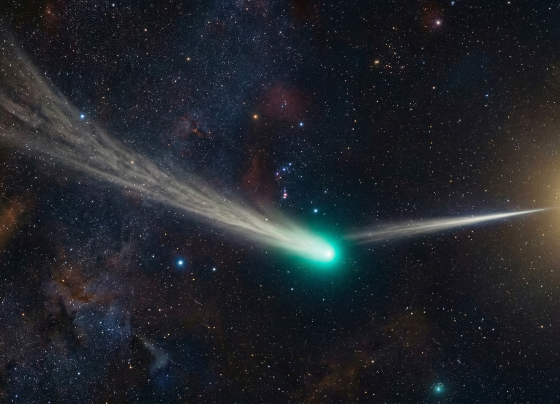 Ilustrasi komet 3i Atlas dengan fenomena anti-tail yang mengarah ke matahari di ruang angkasa.