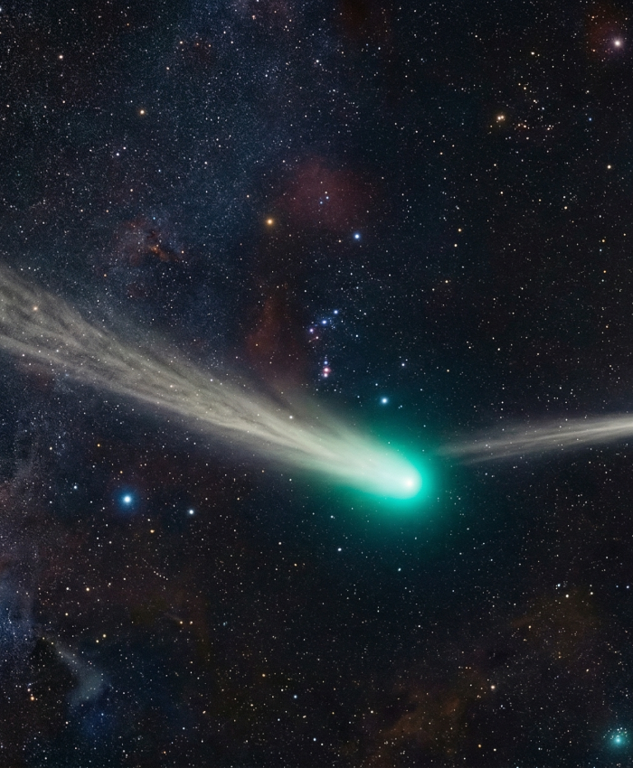 Ilustrasi komet 3i Atlas dengan fenomena anti-tail yang mengarah ke matahari di ruang angkasa.