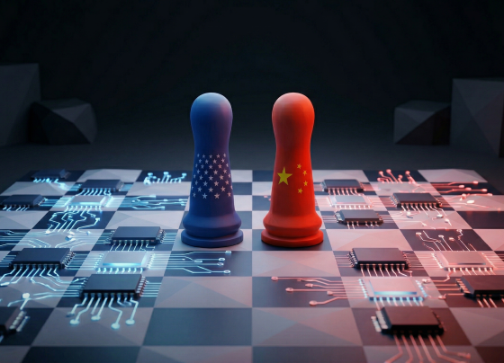 Ilustrasi 3D konseptual bidak catur Amerika Serikat dan China yang saling berhadapan di atas papan sirkuit elektronik dan mikrocip, melambangkan persaingan teknologi dan perang semikonduktor global.