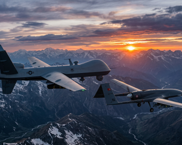 Visualisasi drone militer canggih yang merepresentasikan efisiensi biaya dan keunggulan taktis dalam peperangan modern.