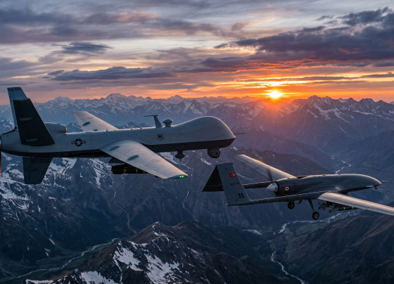 Visualisasi drone militer canggih yang merepresentasikan efisiensi biaya dan keunggulan taktis dalam peperangan modern.