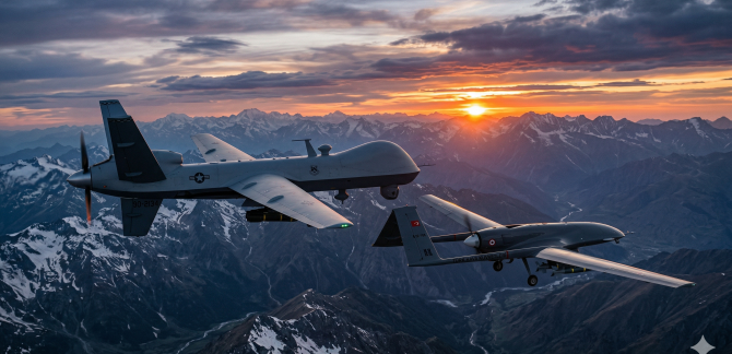 Visualisasi drone militer canggih yang merepresentasikan efisiensi biaya dan keunggulan taktis dalam peperangan modern.