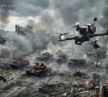 Ilustrasi drone FPV terbang di atas medan perang dengan latar belakang kendaraan militer, menggambarkan teknologi perang modern.