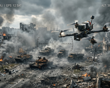 Ilustrasi drone FPV terbang di atas medan perang dengan latar belakang kendaraan militer, menggambarkan teknologi perang modern.