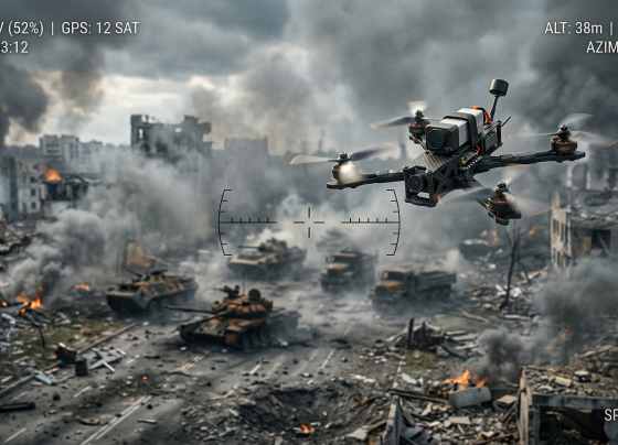 Ilustrasi drone FPV terbang di atas medan perang dengan latar belakang kendaraan militer, menggambarkan teknologi perang modern.