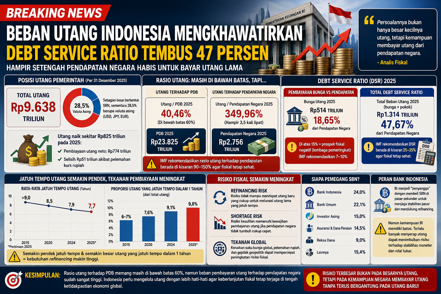 Beban Utang Indonesia Mengkhawatirkan, Debt Service Ratio Tembus 47 Persen